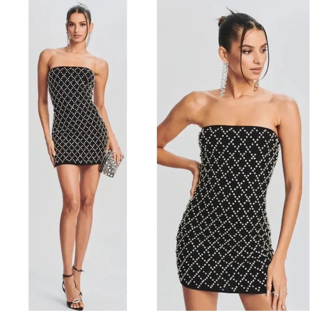 Retrofete Felicity Strapless Grid Crystal Embellished Black Mini Dress Sz M - Picture 2 of 11